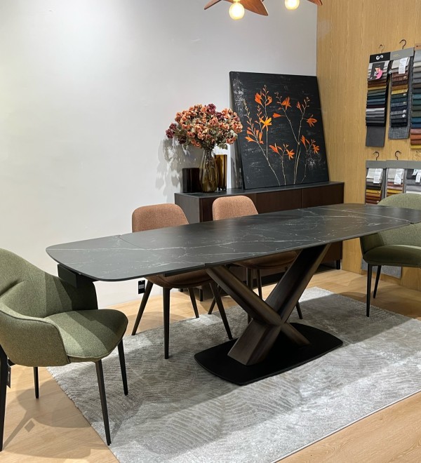Стол БЛАНКО (BLANCO) 160 цвет ЧЕРНЫЙ МРАМОР МАТОВЫЙ (MATT BLACK MARBLE SOLID CERAMIC / ОРЕХ, ®DISAUR