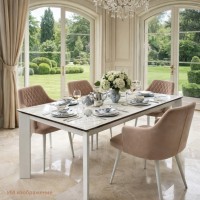 Стол КРЕМОНА (CREMONA) 180 KL-188 Бело-коричневый мрамор керамика/ БЕЛЫЙ, ®DISAUR