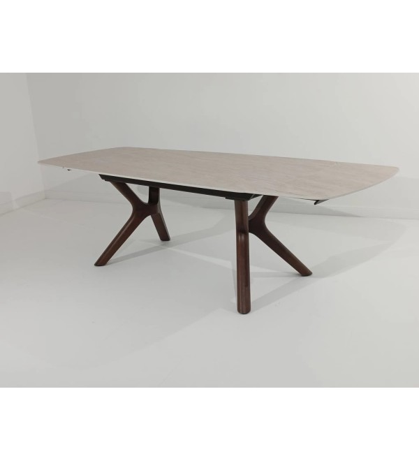 Стол КИРАН (KIRAN) 180 БЕЖЕВЫЙ МРАМОР (MATTE SICILY BEIGE SOLID CERAMIC) / Орех темный, ®DISAUR
