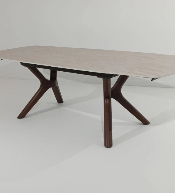 Стол КИРАН (KIRAN) 180 БЕЖЕВЫЙ МРАМОР (MATTE SICILY BEIGE SOLID CERAMIC) / Орех темный, ®DISAUR