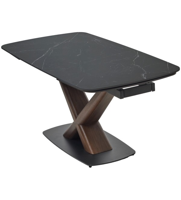 Стол БЛАНКО (BLANCO) 160 цвет ЧЕРНЫЙ МРАМОР МАТОВЫЙ (MATT BLACK MARBLE SOLID CERAMIC / ОРЕХ, ®DISAUR