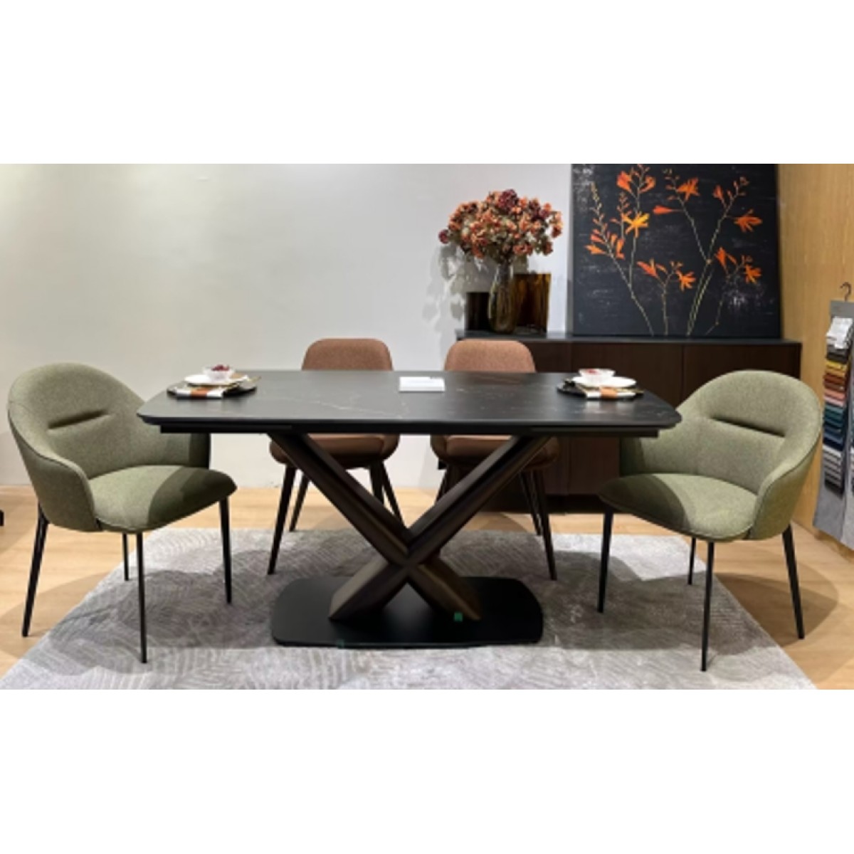 Стол БЛАНКО (BLANCO) 160 цвет ЧЕРНЫЙ МРАМОР МАТОВЫЙ (MATT BLACK MARBLE SOLID CERAMIC / ОРЕХ, ®DISAUR