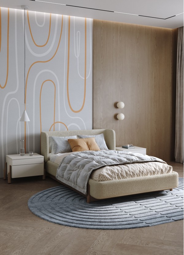 Интерьер: Кровать Basic спальное место 120*200 см (молочный, букле), Комод Basic 4 двери ширина 180 см (молочный), Тумба прикроватная Basic 2 ящика ширина 60 см (молочный) — стиль Скандинавский