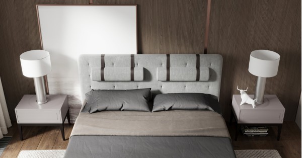 Интерьер: Кровать с решеткой MARBELLA, MOD INTERIORS (серый, дерево, арт. MDI.BD.MRB.2), Прикроватная тумбочка MARBELLA, MOD INTERIORS (серый, бежевый, дерево) — стиль Современный