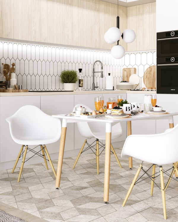 Интерьер: Стул Eames DAW белый, Стол обеденный OSLO NEW 120*80 белый, Стол обеденный OSLO 120*80 см белый — стиль Скандинавский