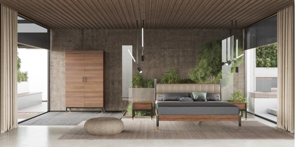 Интерьер: Гардероб BENISSA, MOD INTERIORS, Кровать с решеткой BENISSA, MOD INTERIORS (чёрный, золотой, дерево, арт. MDI.BD.BS.54), Прикроватная тумбочка BENISSA, MOD INTERIORS (чёрный, золотой, дерево) — стиль Современный