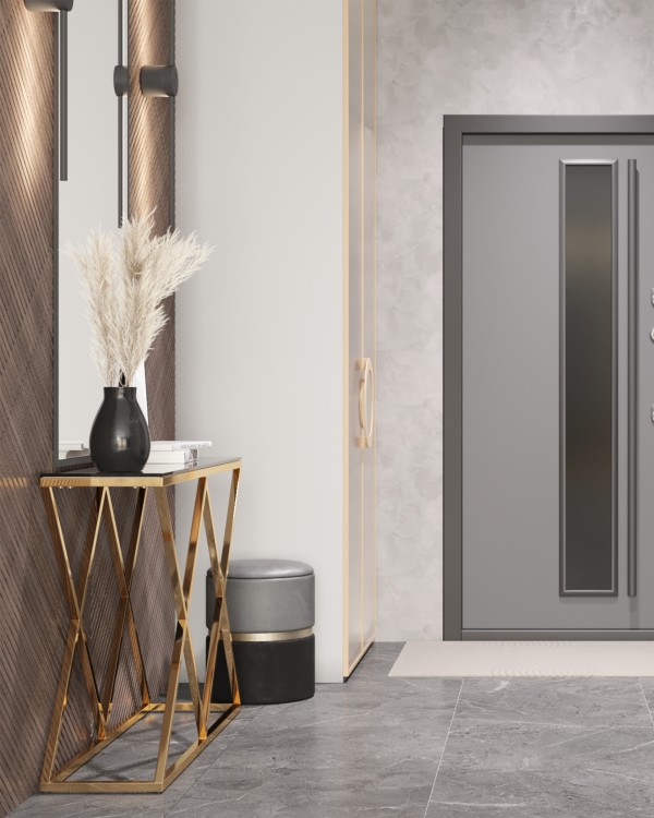 Интерьер: Пуф Кэрри с ящиком велюр серо-черный, Консоль ИНСИГНИЯ 115*30 золото стекло smoke — стиль Ар-деко