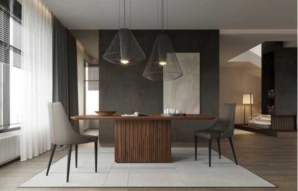 Интерьер: Обеденный стол MENORCA, MOD INTERIORS (серый, дерево), Стул MENORCA, MOD INTERIORS (чёрный, арт. MDI.CH.MN.19), Обеденный стол MENORCA, MOD INTERIORS (серый, дерево, арт. MDI.DT.MN.34) — стиль Современный