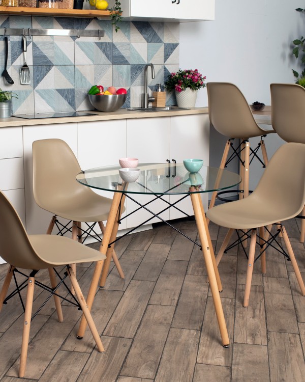 Интерьер: Стол Eames DSW NEW D80 стеклянный, Стул Eames Style DSW бежевый (разборный каркас), Стул Eames Style DSW бежевый x4 (разборный каркас) — стиль Mid Century