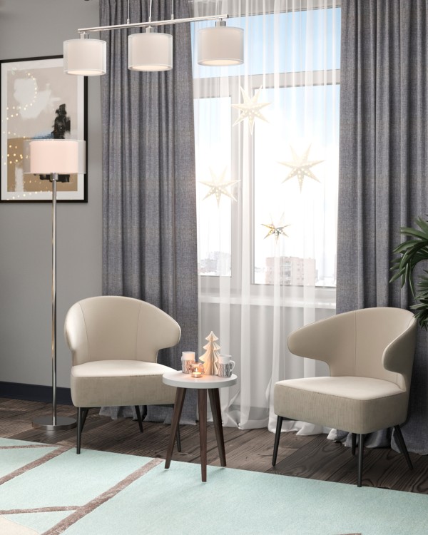 Интерьер: Люстра подвесная Moderli V10496-3P Room, Кресло лаунж Royal Stripes велюр молочный — стиль Современный