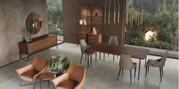 Интерьер: Обеденный стол BENISSA, MOD INTERIORS (чёрный, дерево), Буфет BENISSA, MOD INTERIORS, Витрина BENISSA, MOD INTERIORS (чёрный, золотой, дерево) — стиль Современный