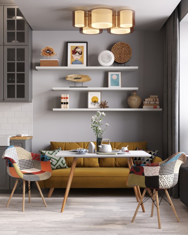Интерьер: Кресло Eames DSW пэчворк, Стол обеденный FRANK NEW 120*80 белый — стиль Mid Century