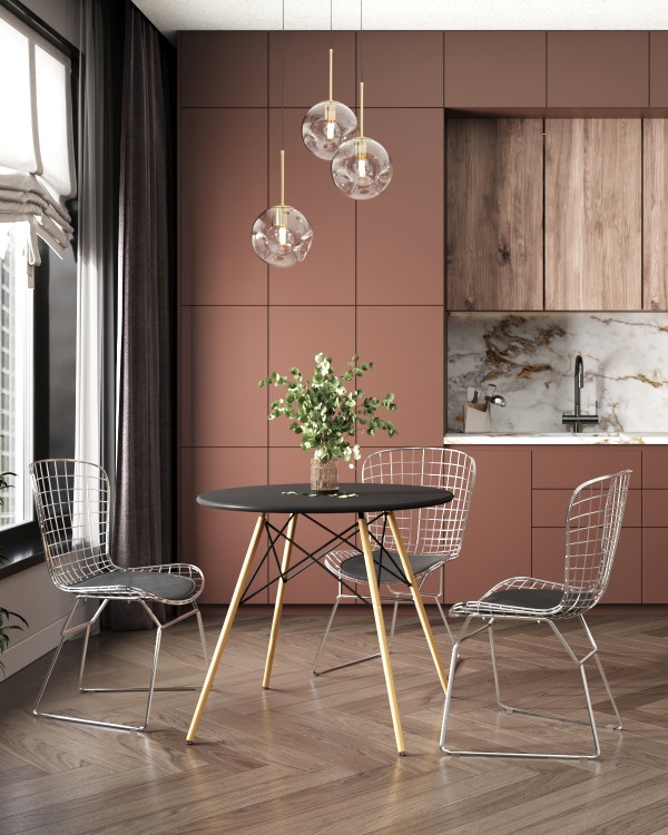 Интерьер: Стол круглый EAMES DSW NEW D=80 черный, Светильник подвесной Moderli V11522-3P Amo — стиль Mid Century