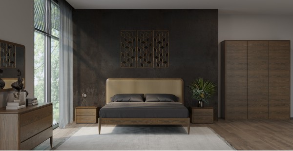 Интерьер: Кровать с решеткой PATERNA, MOD INTERIORS (дерево, арт. MDI.BD.PN.15), Прикроватная тумбочка PATERNA, MOD INTERIORS (дерево), Гардероб PATERNA, MOD INTERIORS — стиль Современный