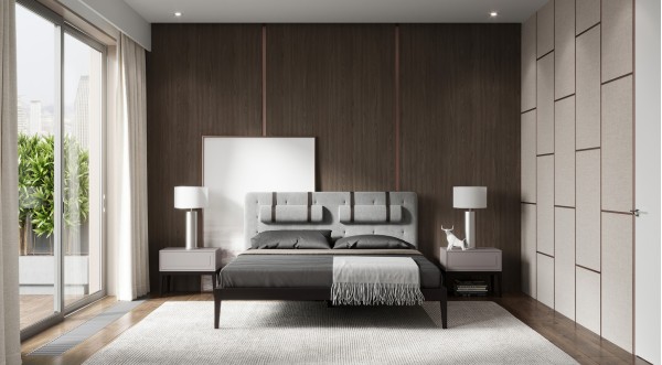 Интерьер: Кровать с решеткой MARBELLA, MOD INTERIORS (серый, дерево), Кровать с решеткой MARBELLA, MOD INTERIORS (серый, дерево, арт. MDI.BD.MRB.2), Прикроватная тумбочка MARBELLA, MOD INTERIORS (серый, бежевый, дерево) — стиль Современный