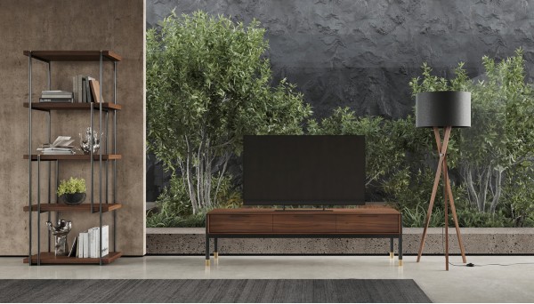 Интерьер: Стеллаж BENISSA, MOD INTERIORS (чёрный, дерево, арт. MDI.SH.BS.58), Тумба под TV BENISSA, MOD INTERIORS (чёрный, золотой, дерево) — стиль Современный
